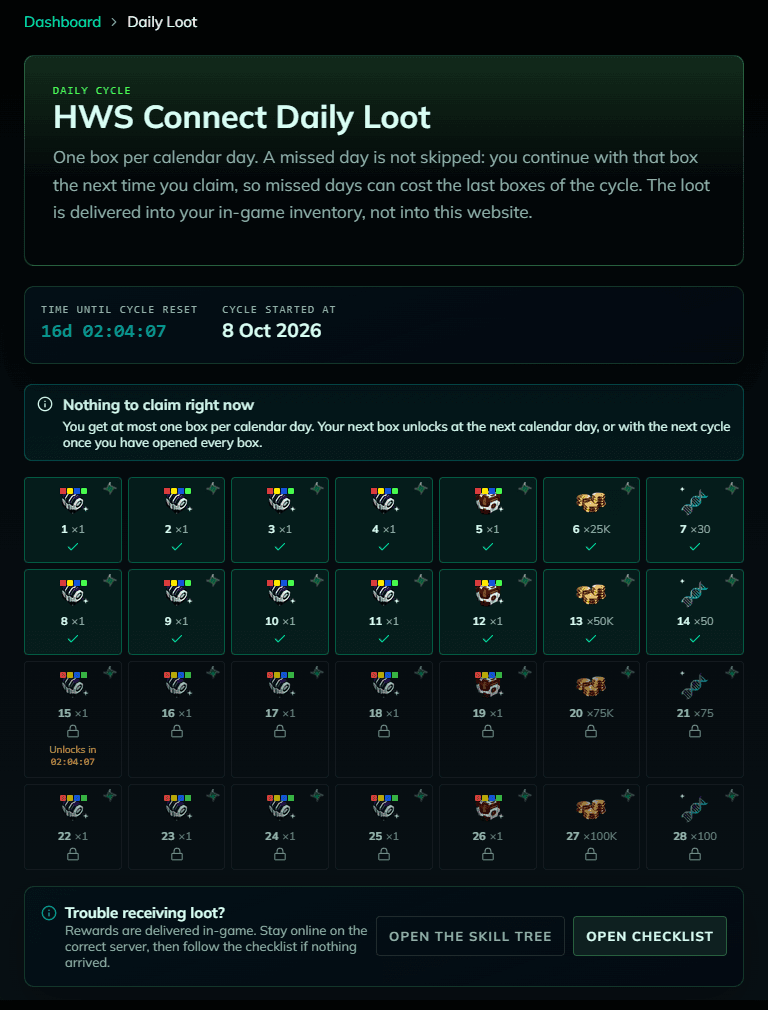 HWS Connect Daily Loot calendar