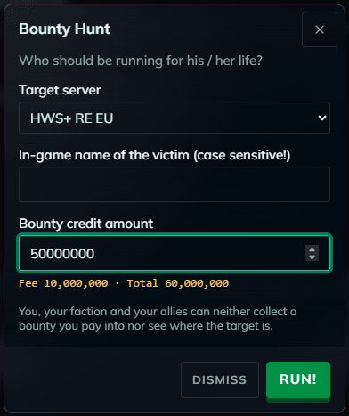 The bounty dialog shows the fee and the total