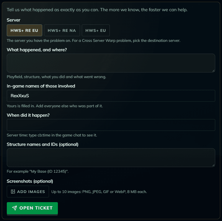 Screenshots in a new ticket