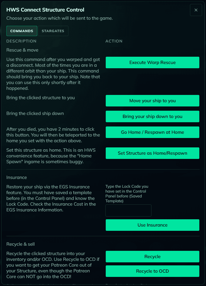 Structure Control dialog