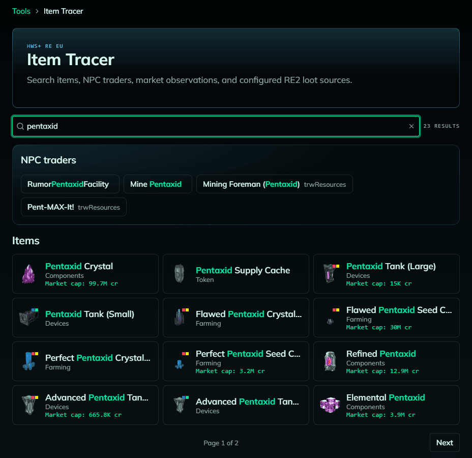 Item Tracer search