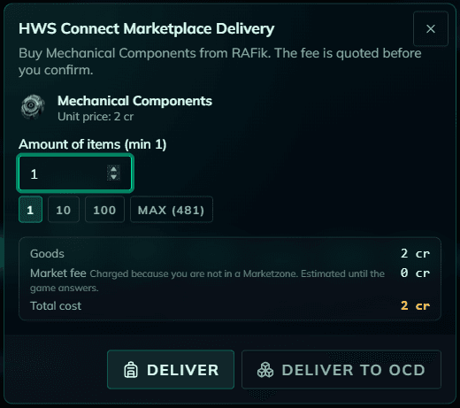 Marketplace delivery dialog